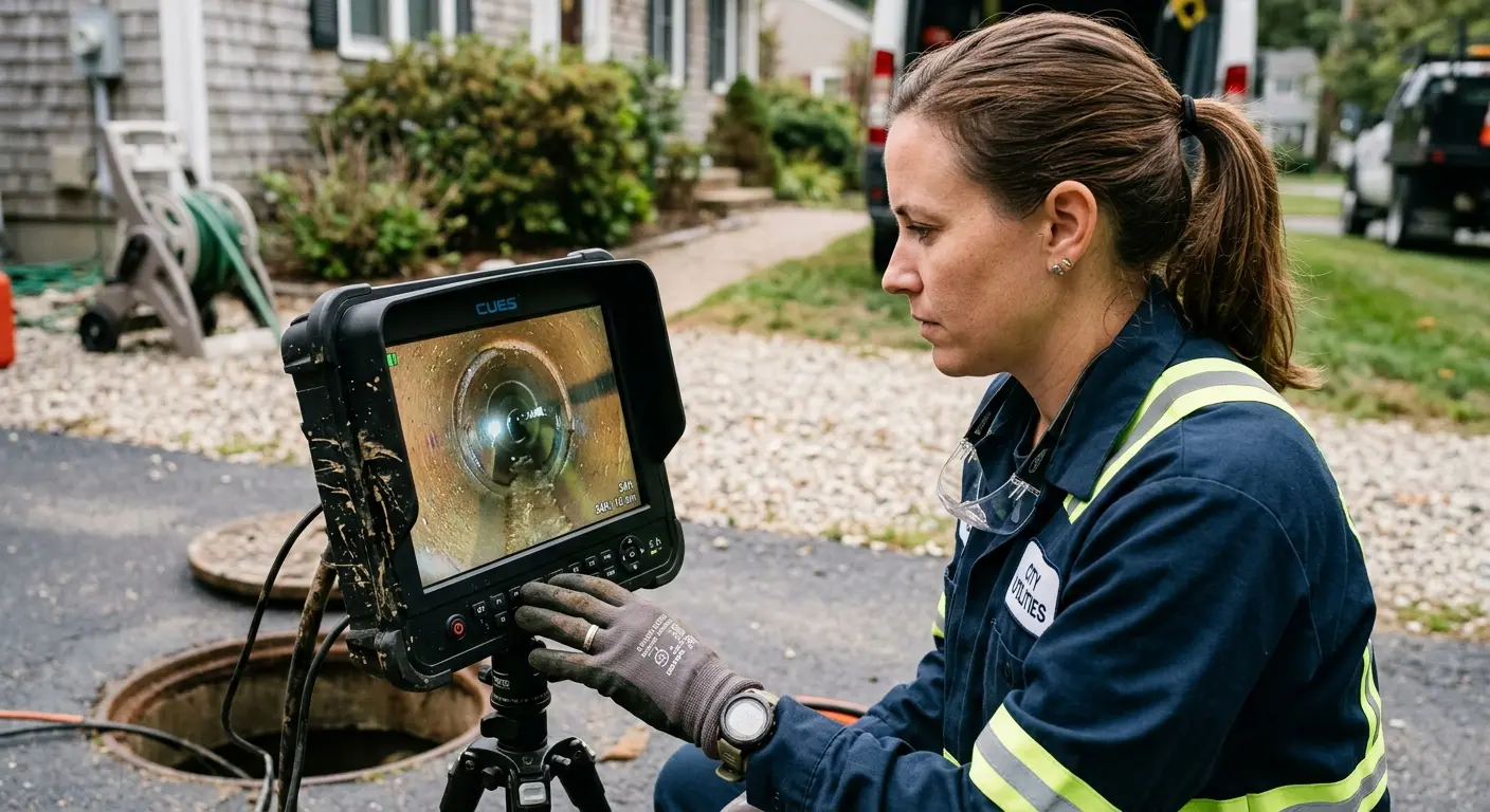 Technician reviewing sewer camera inspection footage in Waldwick