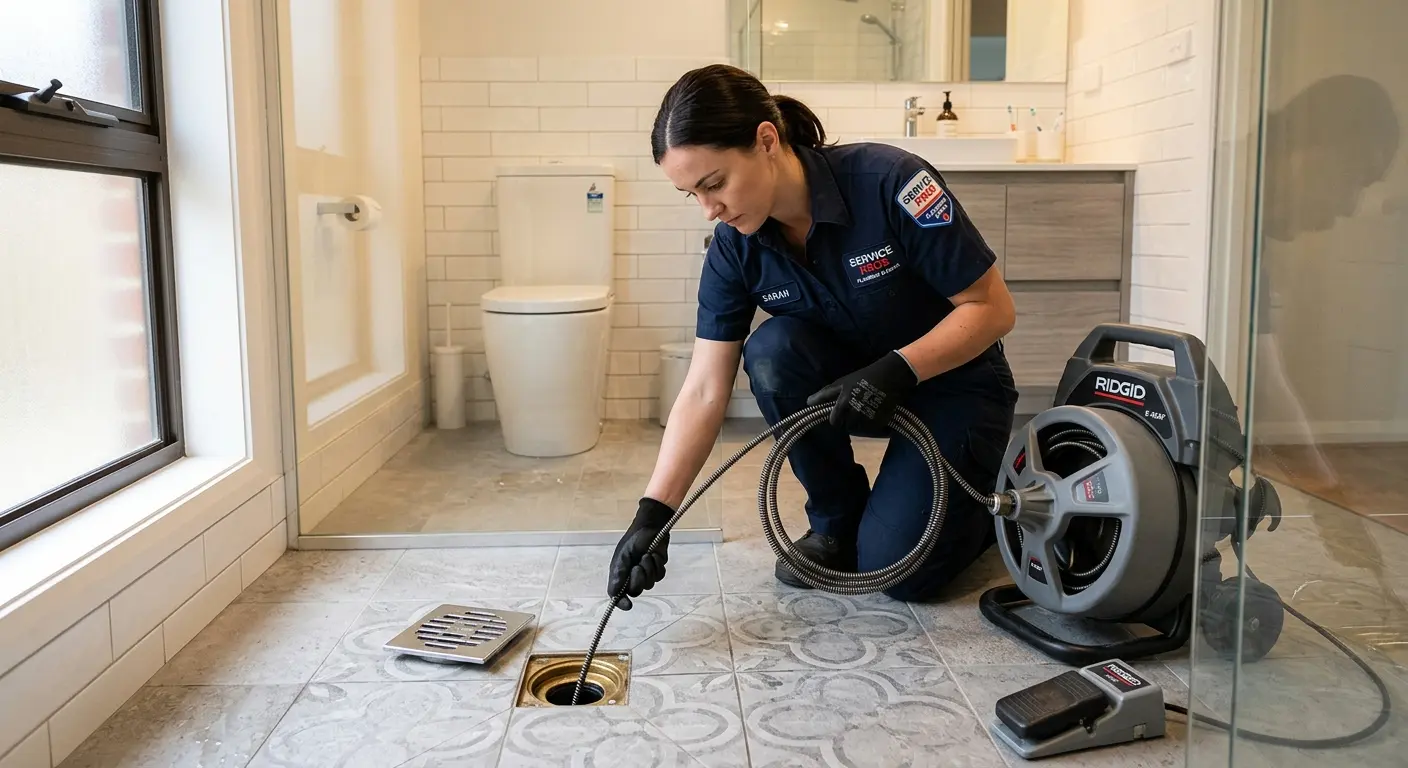 Technician clearing a bathroom floor drain for Hydro Jetting in Waldwick